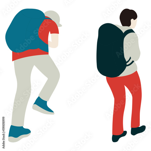 Alpinistes s'entraidant. Illustration vectorielle de dessin animé plat. Concept de travail d'équipe. Personnes avec des sacs à dos ou des sacs à dos en randonnée dans les montagnes.