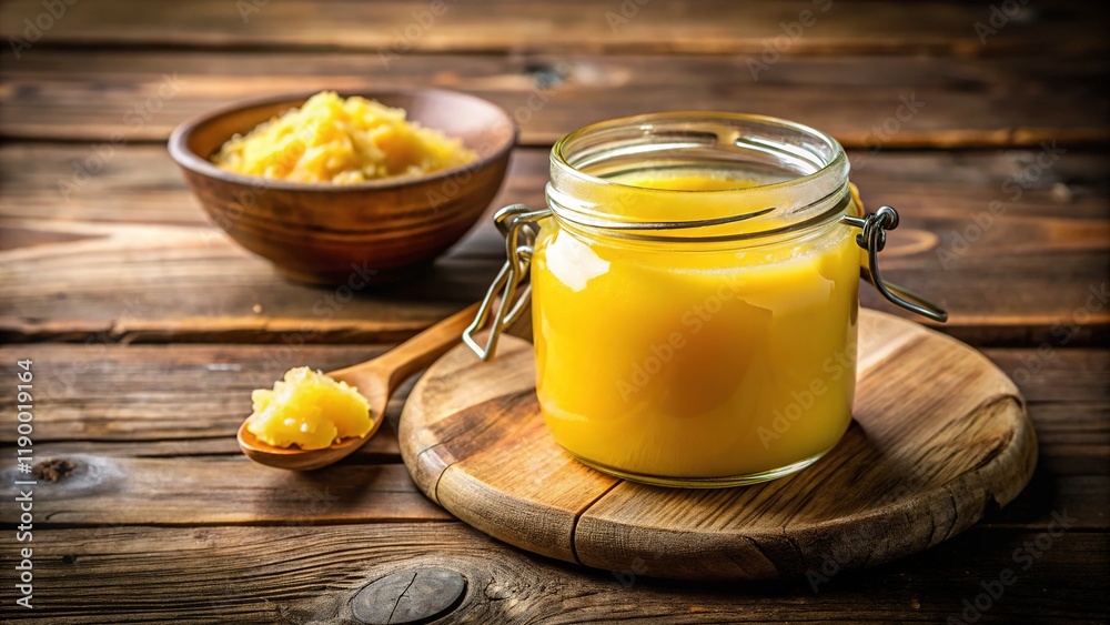 Ghee Jar on Rustic Table - High-Quality Food Photography Ghee Jar on Rustic Table - High-Quality Food Photography