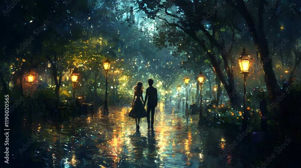 Couple strolling hand in hand in a serene, illuminated park at night. Couple strolling hand in hand in a serene, illuminated park at night.