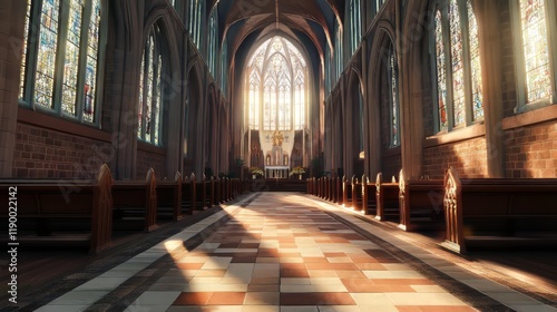 Sunlit cathedral interior, serene and peaceful.
