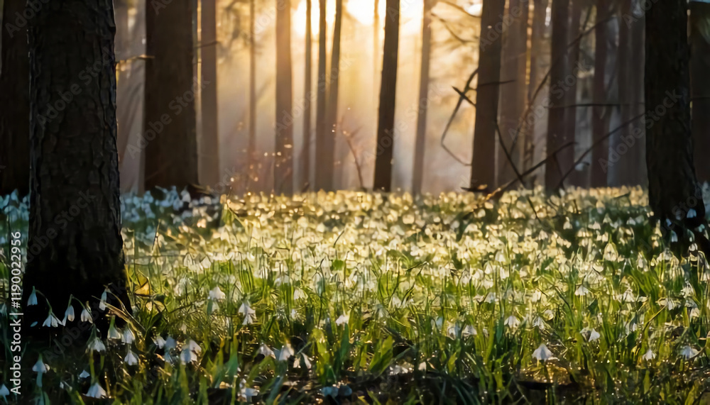 Fototapeta premium Enchanting Sunrise Over Snowdrop Flowers in a Misty Forest - Springtime Beauty in Nature