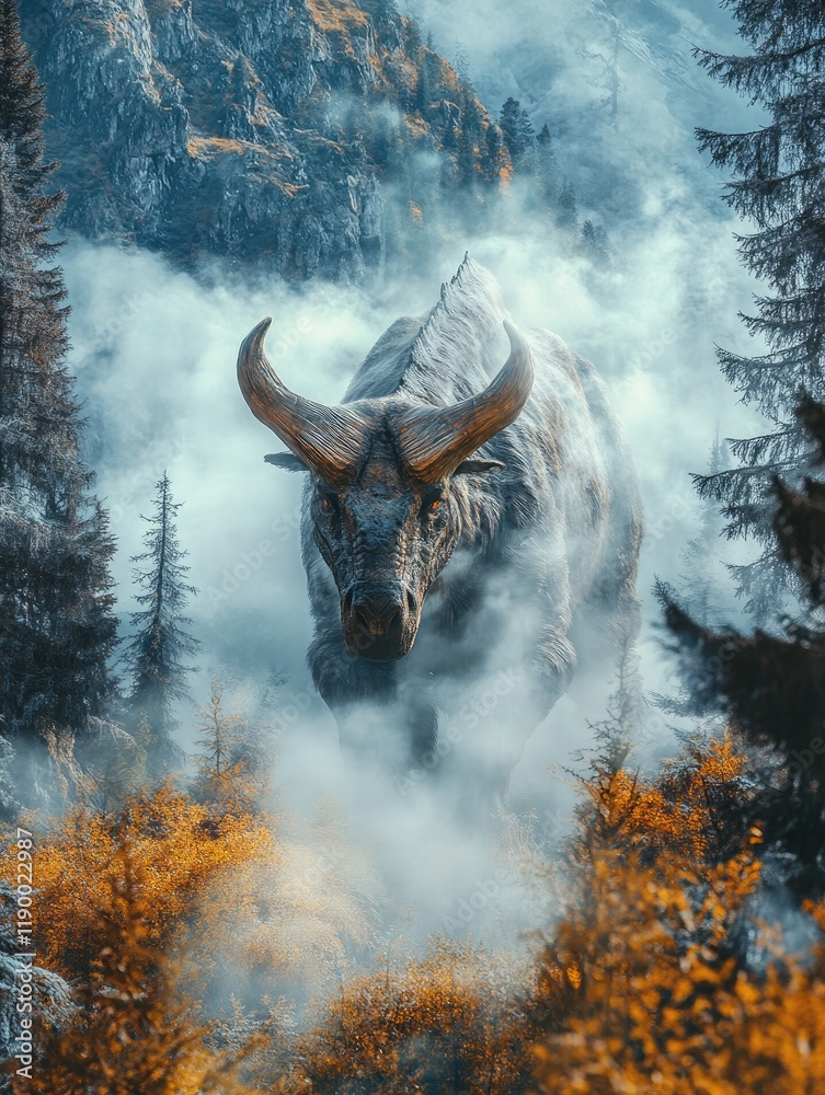 Fototapeta premium Majestic Bull Emerges from Misty Forest Surrounded by Autumn Foliage