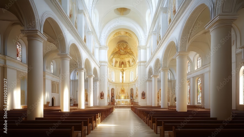 Fototapeta premium Grand cathedral interior, sunlight streams in