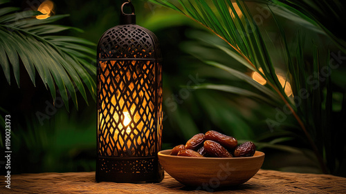 Traditional lantern with glowing light and bowl of dates on a rustic table with tropical leaves photo