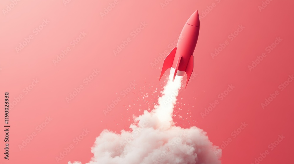 A stylized rocket launching into the sky, surrounded by clouds and a pink background. A stylized rocket launching into the sky, surrounded by clouds and a pink background.