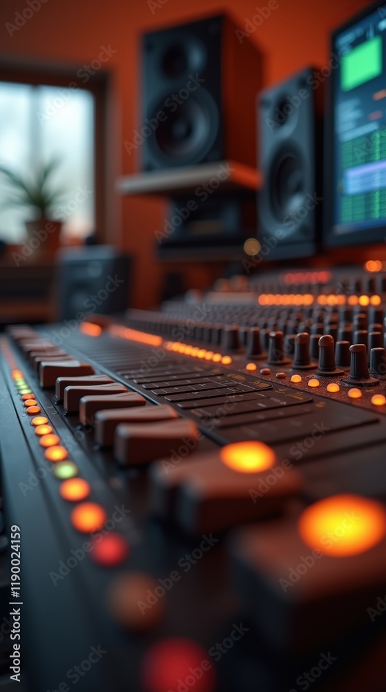 Fototapeta premium Close-Up of an Audio Mixing Console in a Professional Recording Studio