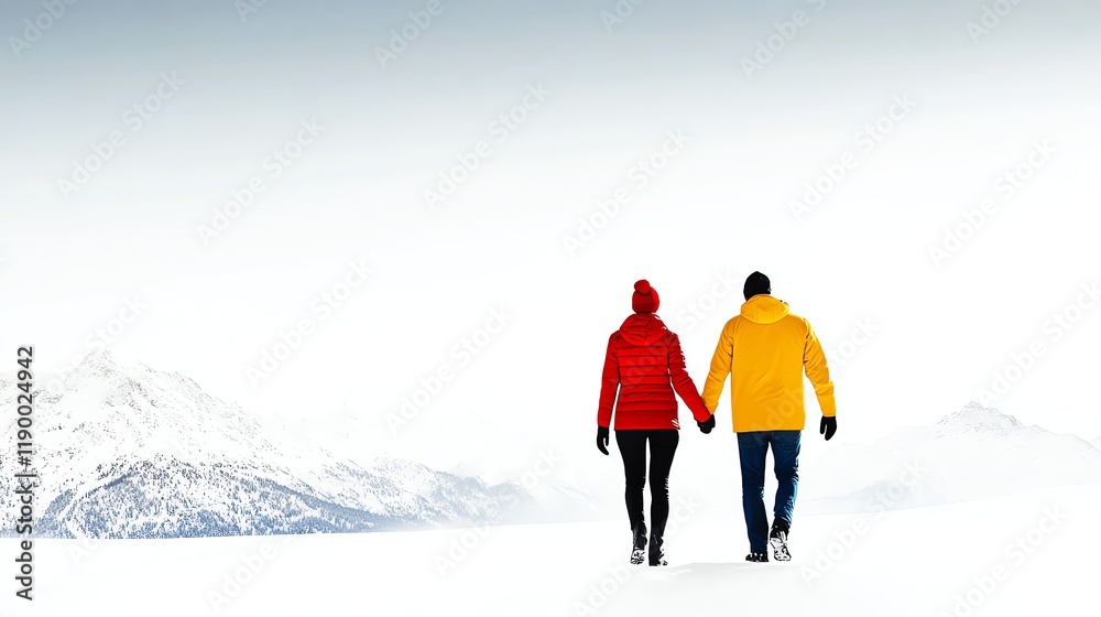 A romantic couple walking handinhand in a snow mountain resort, scenic snowy backdrop, isolated on white background A romantic couple walking handinhand in a snow mountain resort, scenic snowy backdrop, isolated on white background