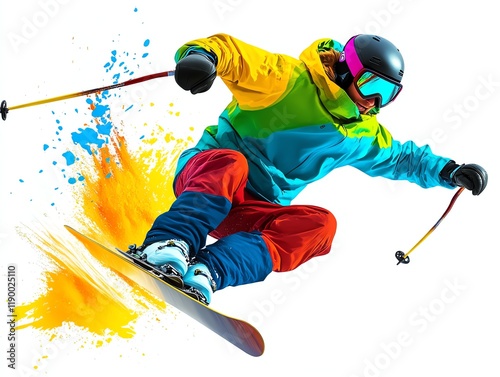 A skier jumping off a snowy ramp, dramatic midair pose, vibrant winter gear, actionpacked scene, isolated on white background photo