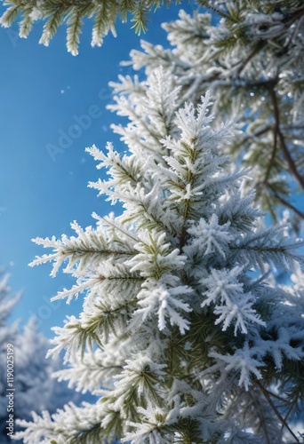 Snowflakes gently fall on the branches of a beautiful, frosted Christmas tree against a clear blue sky, holiday season, frozen landscape
