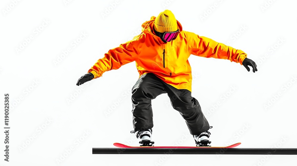 Obraz premium A snowboarder grinding on a rail, stylish winter gear, actionpacked moment, isolated on white background