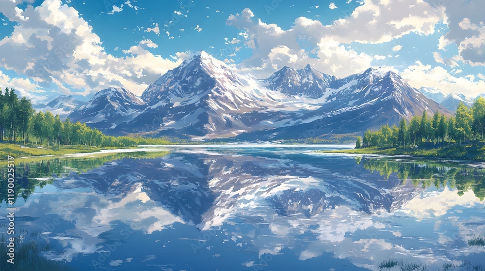 Naklejka premium Scenic mountain landscape with crystal-clear lake and lush greenery.