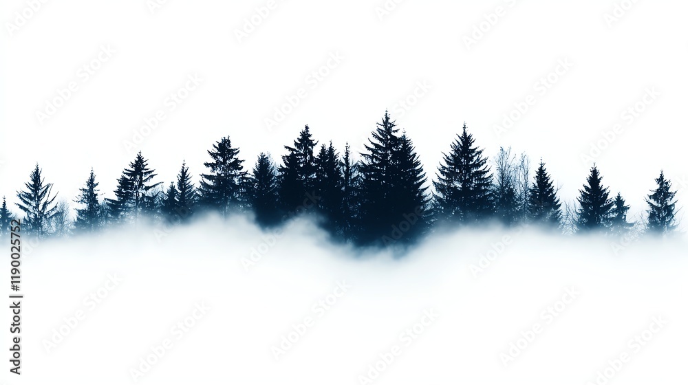 Fototapeta premium A winter forest with mist rising, serene and mysterious atmosphere, fine art photography, isolated on white background