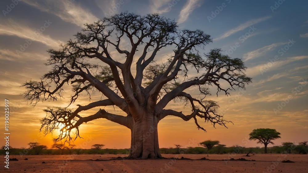 Solitary Majesty: A Baobab Tree Against the Sunset in the Heart of the Drylands Solitary Majesty: A Baobab Tree Against the Sunset in the Heart of the Drylands
