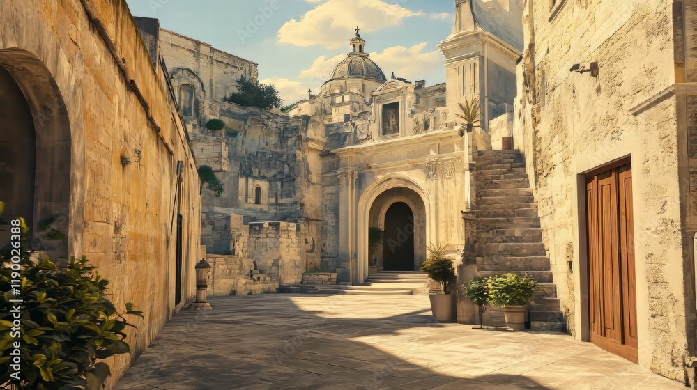 Fototapeta premium Ancient stone alleyway, sunlit scene