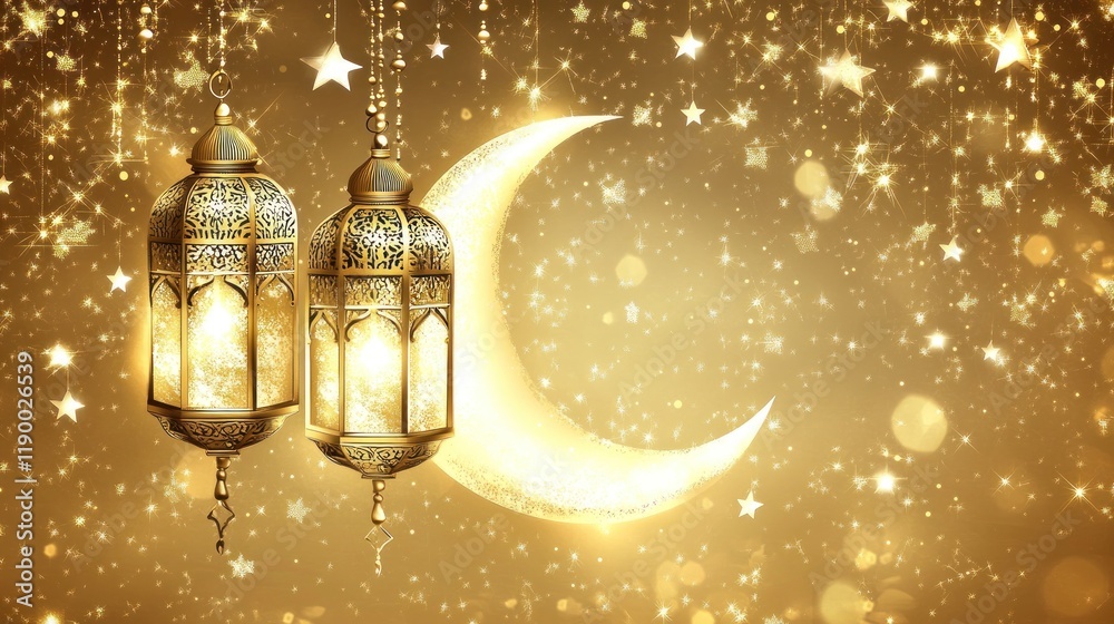 Golden crescent moon and ornate lanterns against a sparkling backdrop, evoking celebration. Golden crescent moon and ornate lanterns against a sparkling backdrop, evoking celebration.