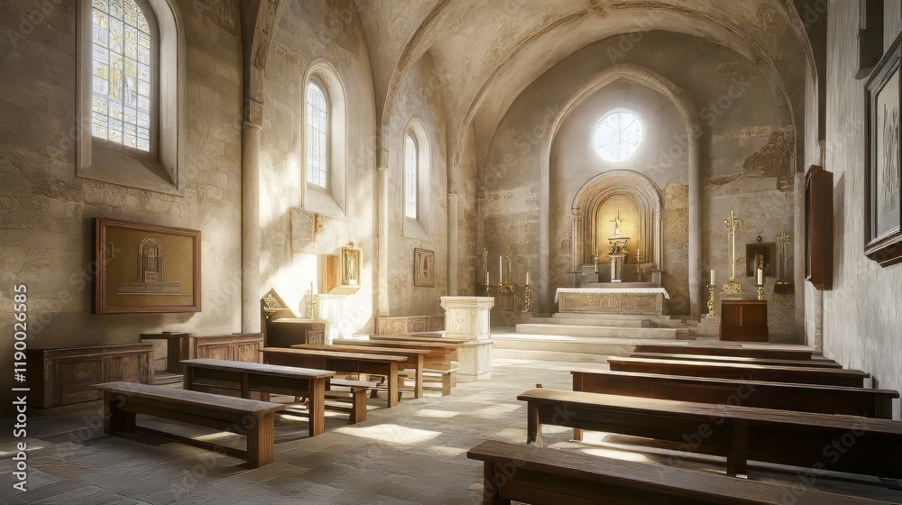 Fototapeta premium Sunlit church interior with pews