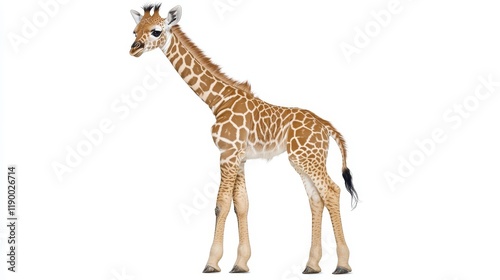 A young giraffe stands against a white background