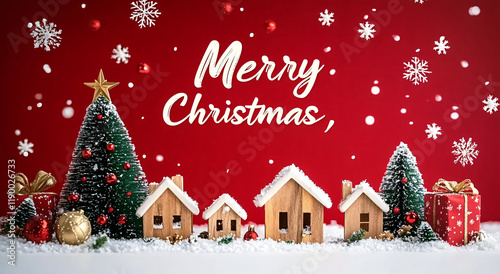 Christmas Background with Wooden Houses and Tree