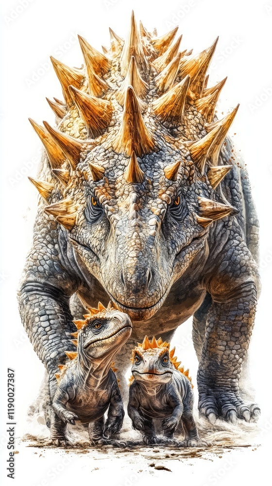 Fototapeta premium A Family of Dinosaurs Walking Together in a Lush Natural Setting Under a Clear Sky