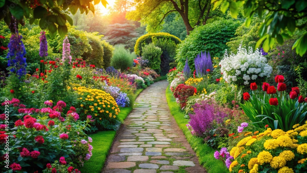 Summer Garden Path - Lush Colors, Sunny Day Summer Garden Path - Lush Colors, Sunny Day