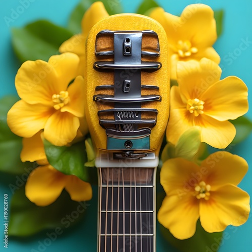 Yellow ukulele headstock adorned with vibrant yellow flowers against a teal background. photo