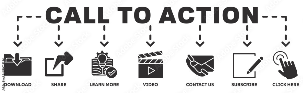 Call to action banner web icon vector illustration concept with icon of download, share, learn more, watch our video, contact us, subscribe, and click here
Call to action banner web icon vector illustration concept with icon of download, share, learn more, watch our video, contact us, subscribe, and click here