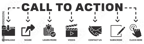 Call to action banner web icon vector illustration concept with icon of download, share, learn more, watch our video, contact us, subscribe, and click here	

