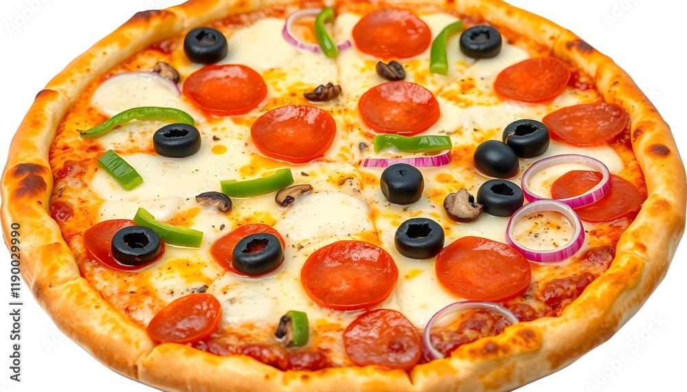 Close-up of a pizza with various toppings, including pepperoni, olives, onions, and bell peppers, showcasing a mouthwatering presentation. Close-up of a pizza with various toppings, including pepperoni, olives, onions, and bell peppers, showcasing a mouthwatering presentation.
