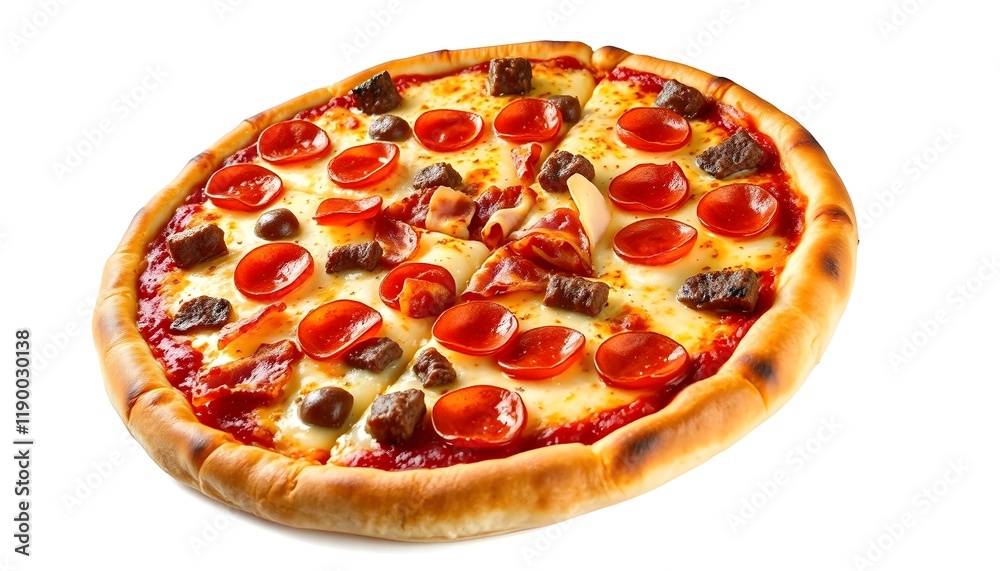 Close-up of a pizza with various toppings, including pepperoni slices, bacon, and beef chunks. Close-up of a pizza with various toppings, including pepperoni slices, bacon, and beef chunks.