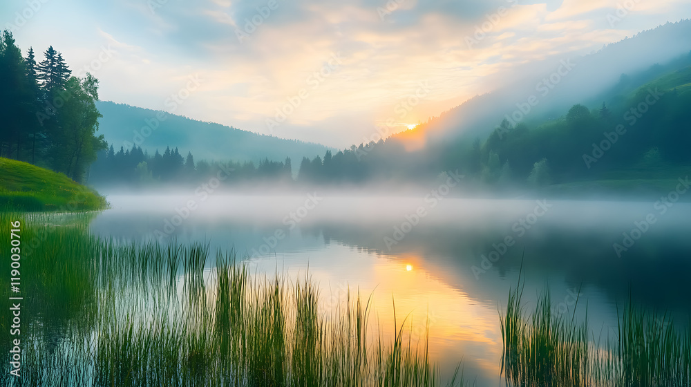 Fototapeta premium A misty morning scene at Lacul Ro?u in Harghita County, Romania, captures the beauty of nature during a foggy summer sunrise.