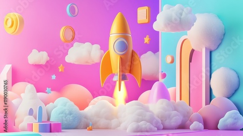 A Cute 3D Render of a Rocket Launching into a Pastel Dreamland, Surrounded by Clouds, Stars, and Whimsical Shapes