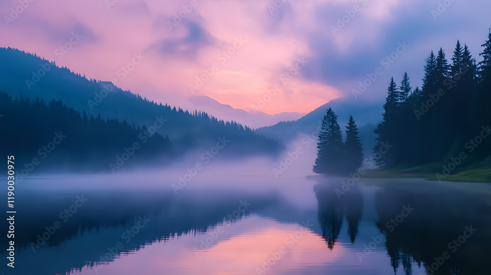 Fototapeta premium A misty morning scene at Lacul Ro?u in Harghita County, Romania, captures the beauty of nature during a foggy summer sunrise.