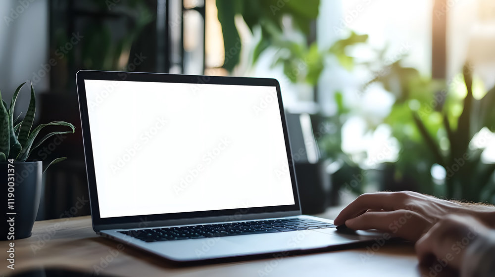 A mockup image displaying a blank screen on a computer for advertising purposes, as a man utilizes a laptop at home for business inquiries and marketing designs. A mockup image displaying a blank screen on a computer for advertising purposes, as a man utilizes a laptop at home for business inquiries and marketing designs.