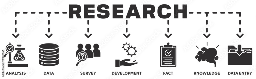 Research banner web icon vector illustration concept with icon of analysis, data, survey, development, fact, knowledge, data entry