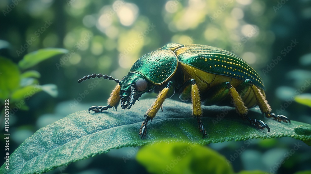 Naklejka premium Jewel beetle on leaf, forest background, nature close-up, wildlife photography