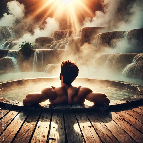 Hot Springs A person relaxing in a hot spring surrounded by natu photo