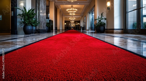 Red carpet hallway, luxury lobby, event arrival photo