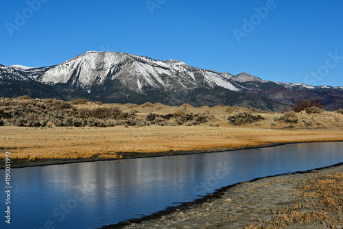 Fototapeta Naklejka Na Ścianę i Meble -  Snow-capped Slide Mountain from Washoe Lake State Park in Nevada.
