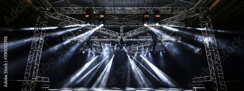 Live stage production featuring overhead trusses and lighting. 