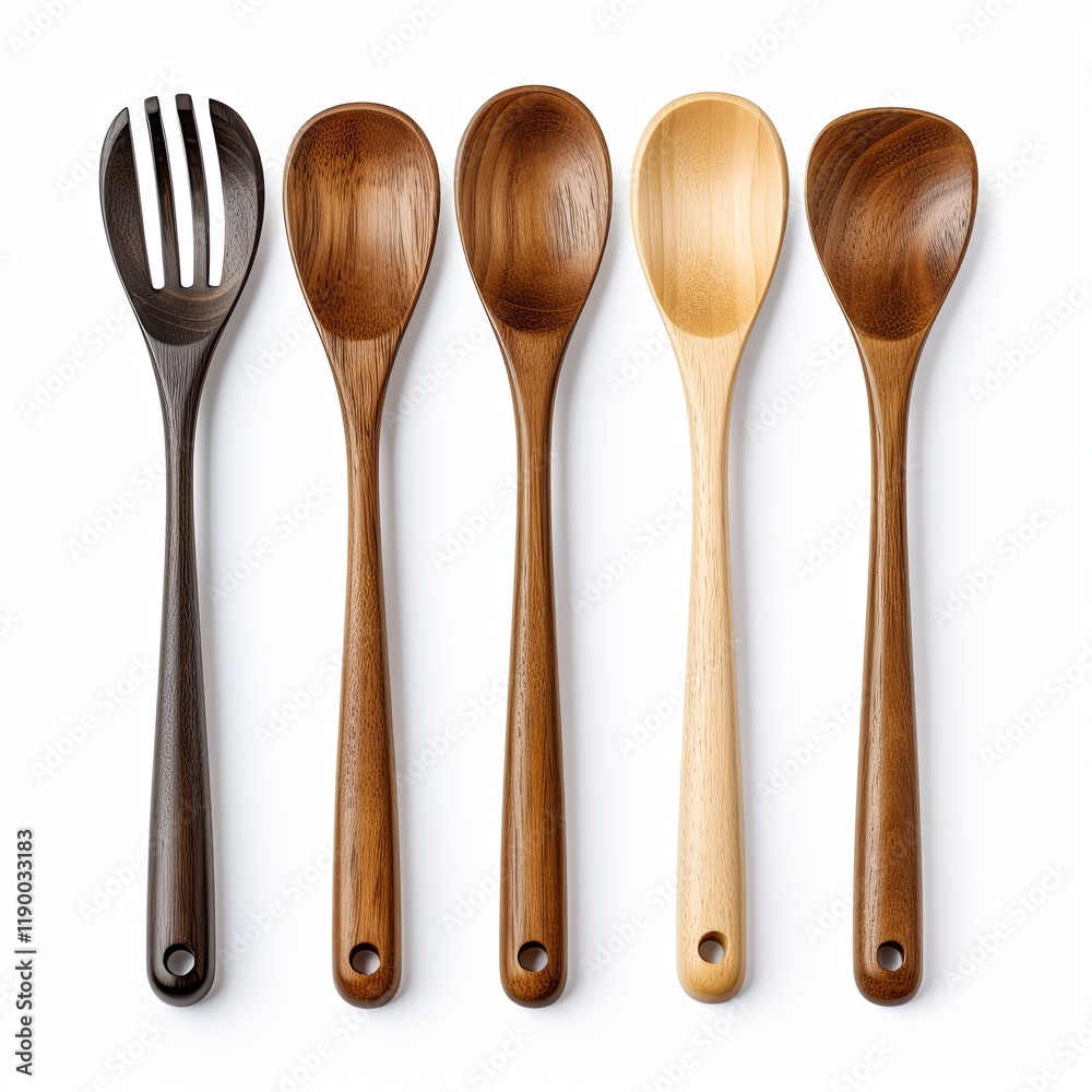A selection of wooden spoons arranged in a row from largest on the left to smallest on the right. Their natural wood finish contrasts elegantly with a clean, solid white background. A selection of wooden spoons arranged in a row from largest on the left to smallest on the right. Their natural wood finish contrasts elegantly with a clean, solid white background.