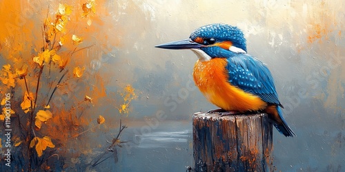 Kingfisher autumn lake perch art print photo
