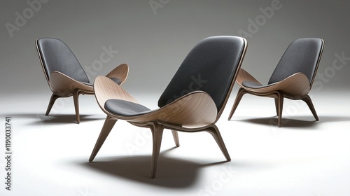 Modern Wooden Chairs with Dark Leather Seats, Elegant Mid-Century Design photo