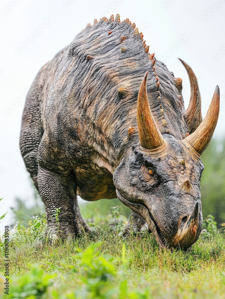 Fototapeta premium Herbivorous dinosaur grazing, prehistoric park, misty day, educational purposes