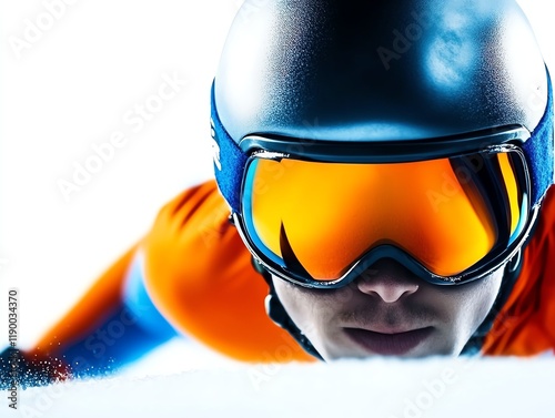 A luge athlete racing down an icy track, streamlined form, focused expression, isolated on white background photo