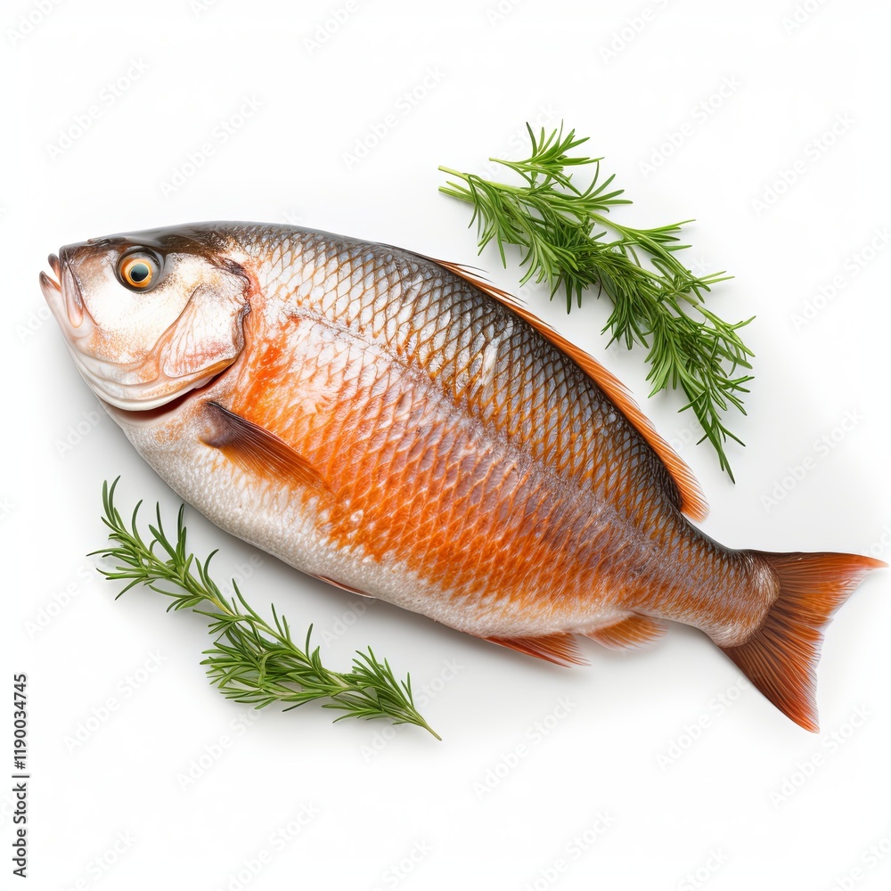 A fresh red snapper fish lies on its side with a vibrant lemon wedge, aromatic rosemary, and fragrant thyme sprigs beautifully arranged on a clean white background, perfect for culinary presentations. A fresh red snapper fish lies on its side with a vibrant lemon wedge, aromatic rosemary, and fragrant thyme sprigs beautifully arranged on a clean white background, perfect for culinary presentations.