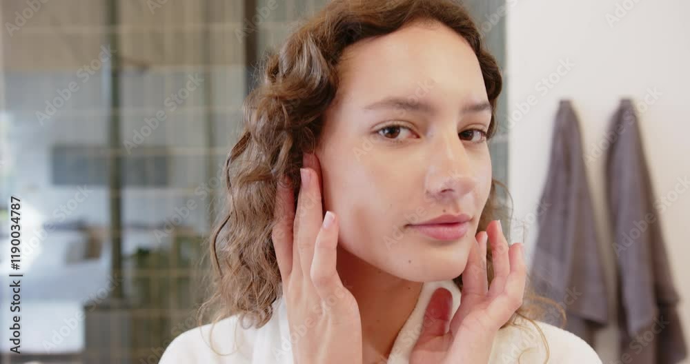 Touching her neck, woman with curly hair enjoying home treatment Touching her neck, woman with curly hair enjoying home treatment