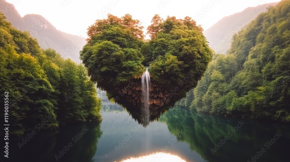 Obraz premium Heart Shaped Island Waterfall Lush Forest Tranquil Lake Nature Paradise
