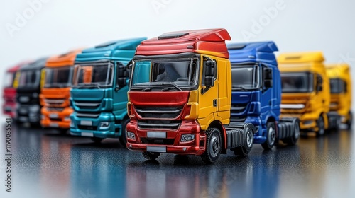 a horizontal row of trucks and cars full view on a white backgroun