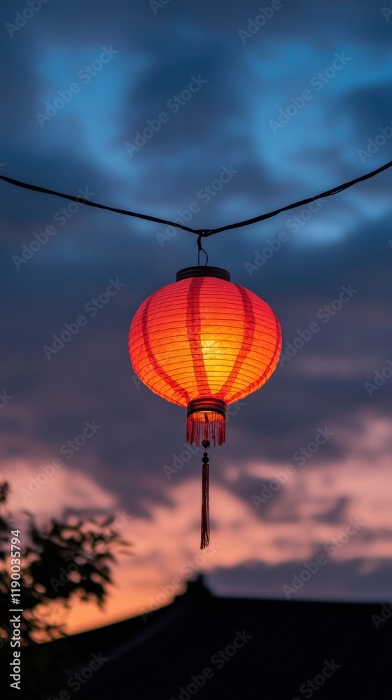 A glowing red lantern hangs against a twilight sky, enhancing the evening ambiance. A glowing red lantern hangs against a twilight sky, enhancing the evening ambiance.