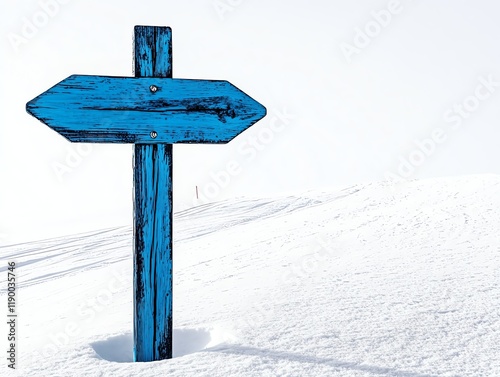 A trail marker sign for skiers, clear directions, minimalist design, snowy background, isolated on white background photo